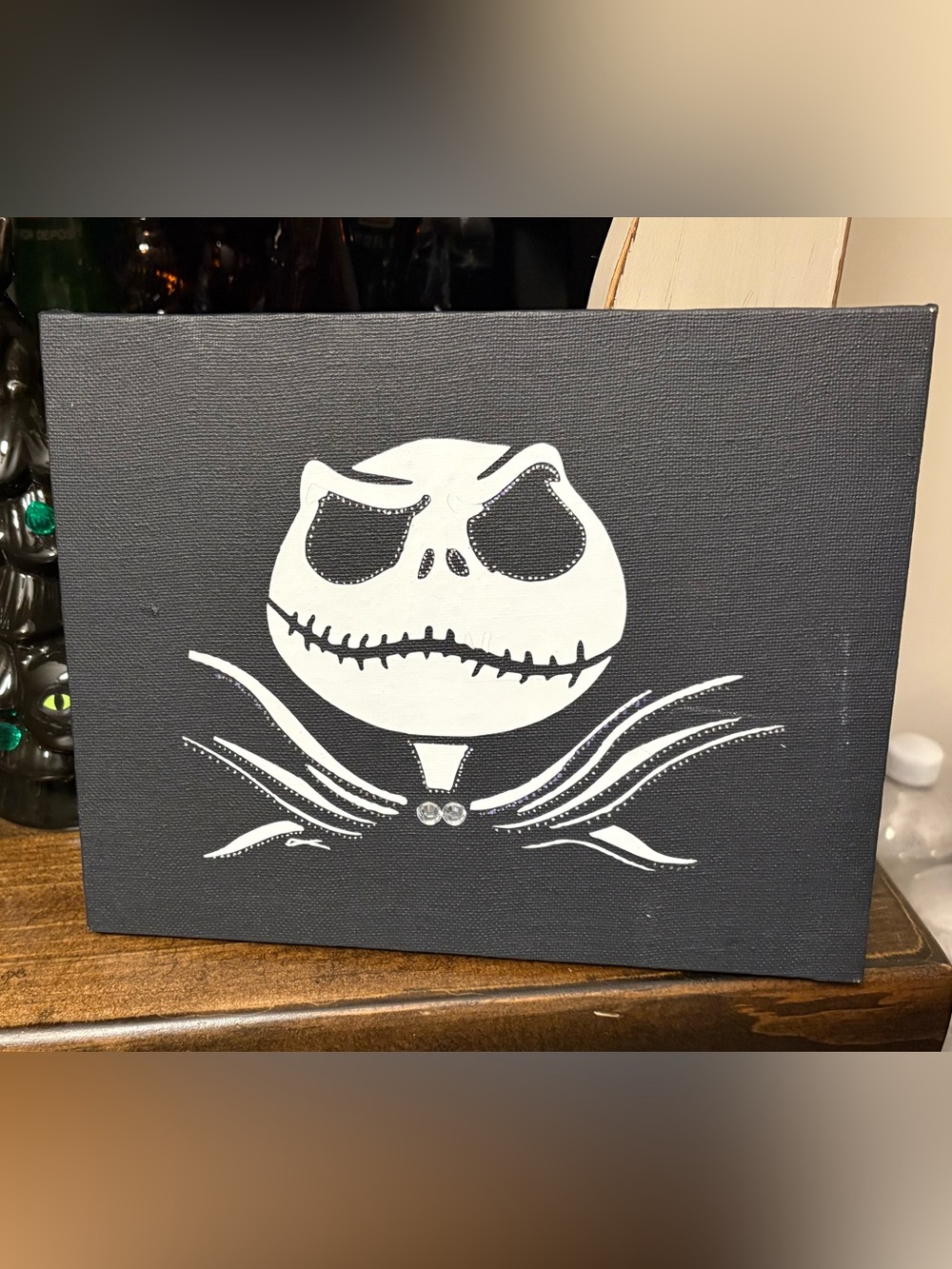 White Jack Skellington Art Print on Black Canvas - Home Wall Decor